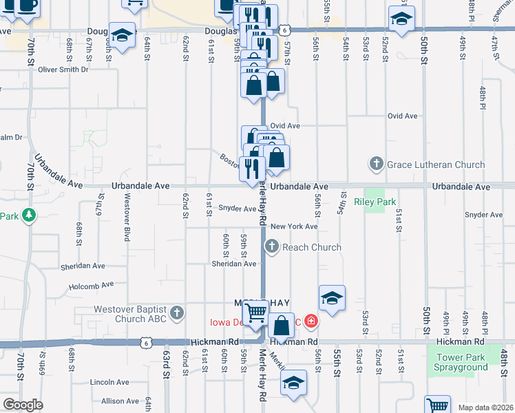 map of restaurants, bars, coffee shops, grocery stores, and more near 5729 New York Avenue in Des Moines