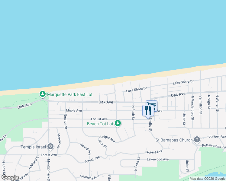 map of restaurants, bars, coffee shops, grocery stores, and more near 1127 Putnam St in Gary
