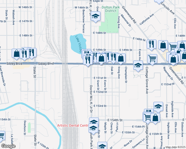 map of restaurants, bars, coffee shops, grocery stores, and more near 15035 Chicago Road in Dolton