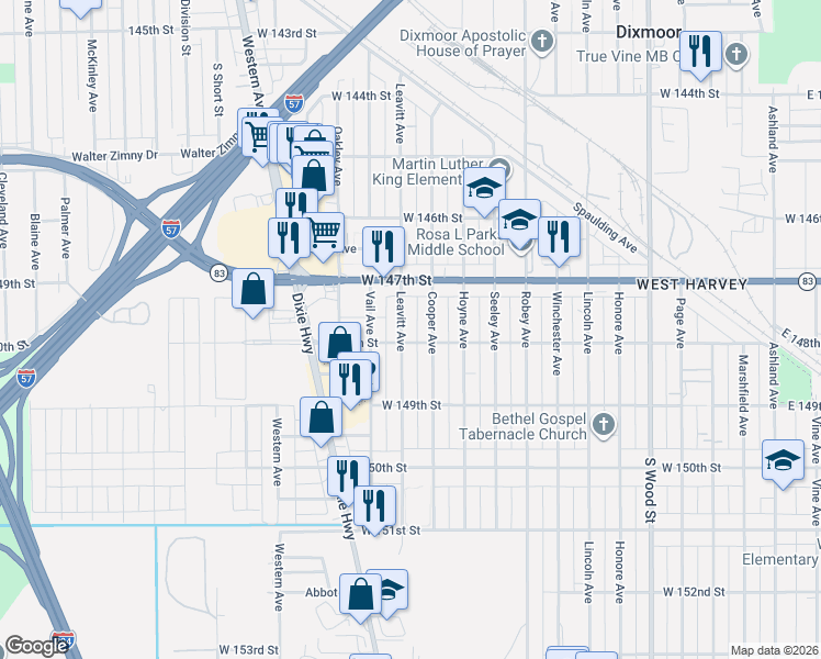 map of restaurants, bars, coffee shops, grocery stores, and more near 14811 Leavitt Avenue in Harvey