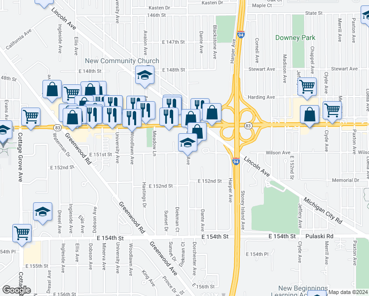 map of restaurants, bars, coffee shops, grocery stores, and more near 15038 Dorchester Avenue in Dolton