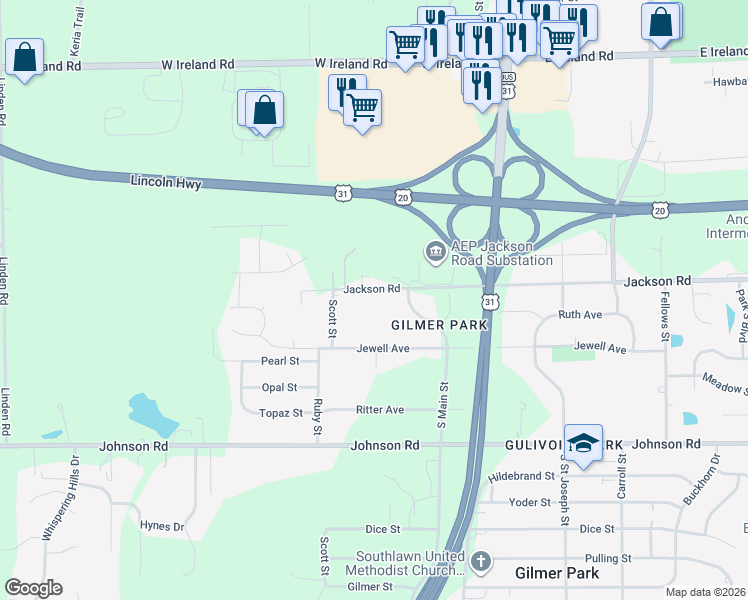 map of restaurants, bars, coffee shops, grocery stores, and more near 20007-20009 Jewell Avenue in South Bend