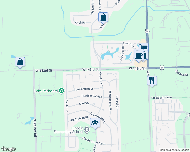 map of restaurants, bars, coffee shops, grocery stores, and more near 14329 Springfield Court in Plainfield