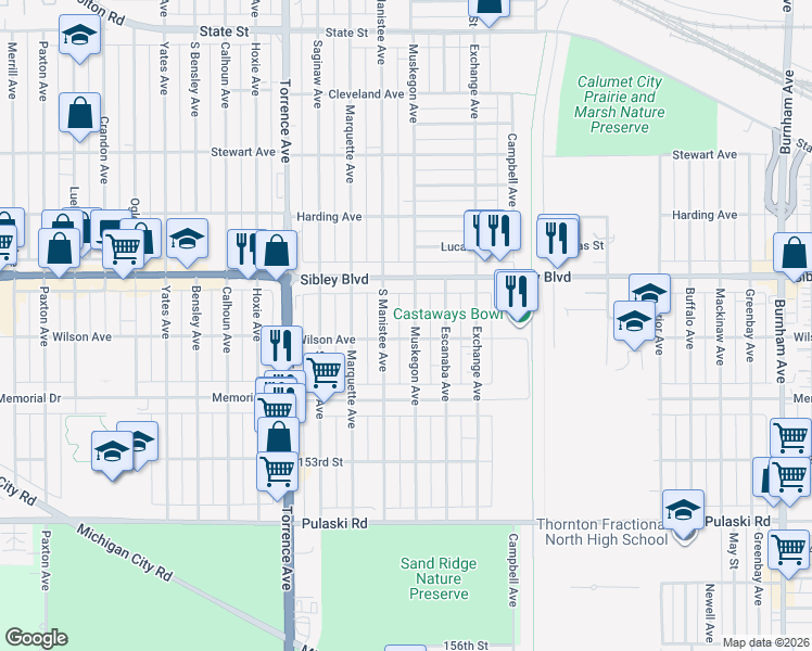 map of restaurants, bars, coffee shops, grocery stores, and more near 497 South Manistee Avenue in Calumet City