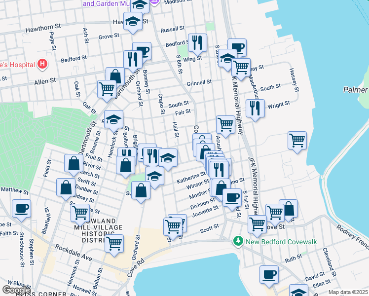map of restaurants, bars, coffee shops, grocery stores, and more near 4 Warwick Street in New Bedford