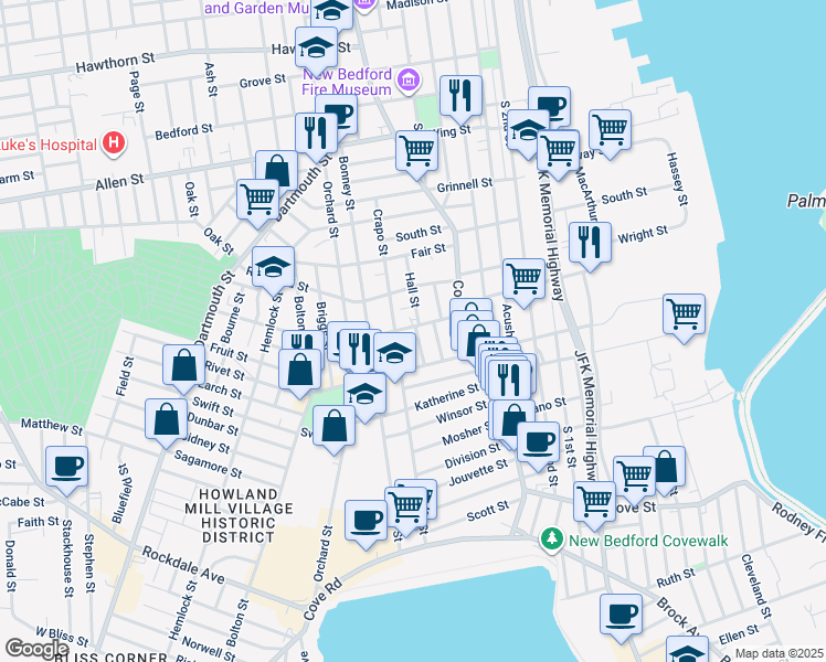 map of restaurants, bars, coffee shops, grocery stores, and more near 4 Warwick Street in New Bedford