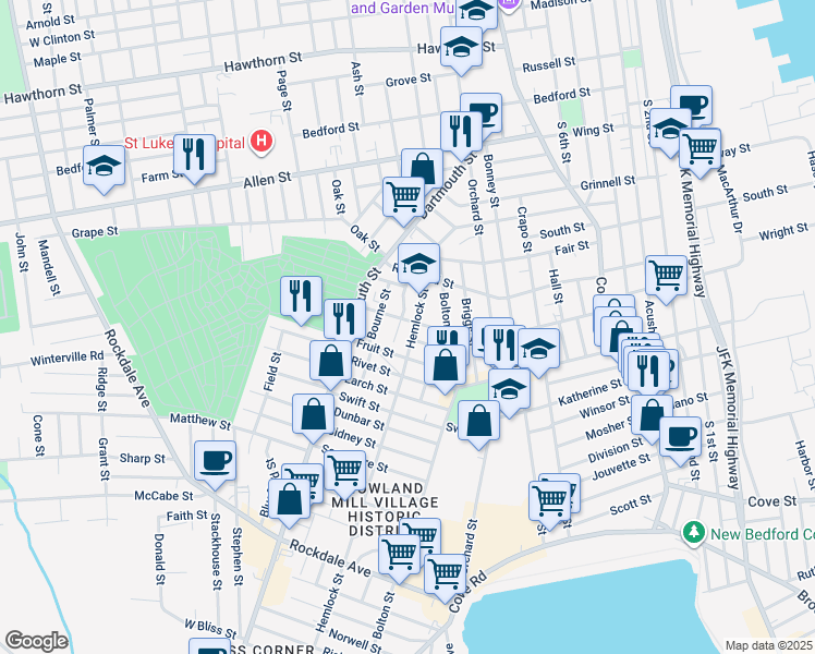 map of restaurants, bars, coffee shops, grocery stores, and more near 51 Hemlock Street in New Bedford