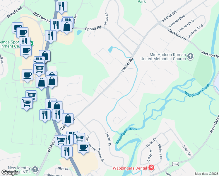 map of restaurants, bars, coffee shops, grocery stores, and more near 660 Vassar Road in Poughkeepsie