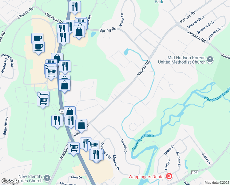 map of restaurants, bars, coffee shops, grocery stores, and more near 676 Vassar Road in Poughkeepsie