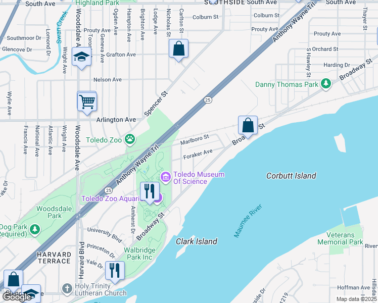 map of restaurants, bars, coffee shops, grocery stores, and more near 2547 Marlboro Street in Toledo