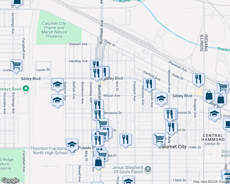 map of restaurants, bars, coffee shops, grocery stores, and more near 497 Price Avenue in Calumet City