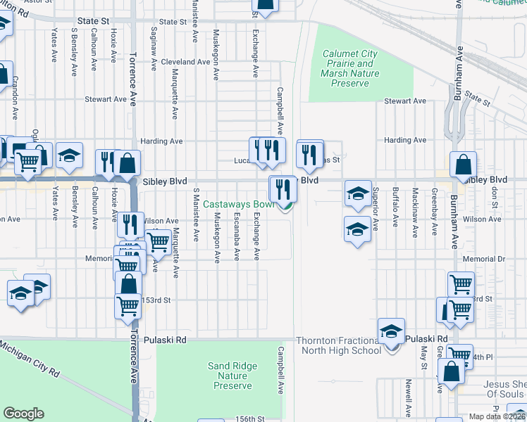 map of restaurants, bars, coffee shops, grocery stores, and more near 500 Exchange Avenue in Calumet City