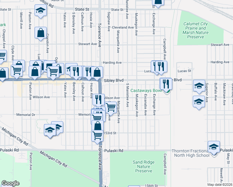 map of restaurants, bars, coffee shops, grocery stores, and more near 497 Marquette Avenue in Calumet City