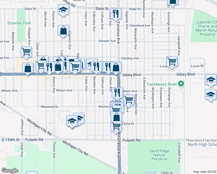 map of restaurants, bars, coffee shops, grocery stores, and more near 499 Calhoun Avenue in Calumet City
