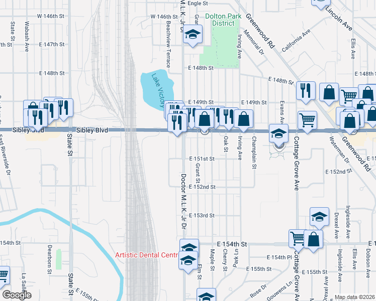 map of restaurants, bars, coffee shops, grocery stores, and more near in Dolton