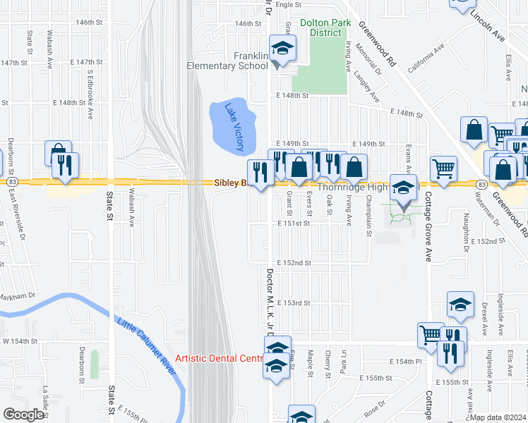 map of restaurants, bars, coffee shops, grocery stores, and more near in Dolton