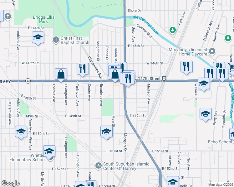 map of restaurants, bars, coffee shops, grocery stores, and more near in Harvey