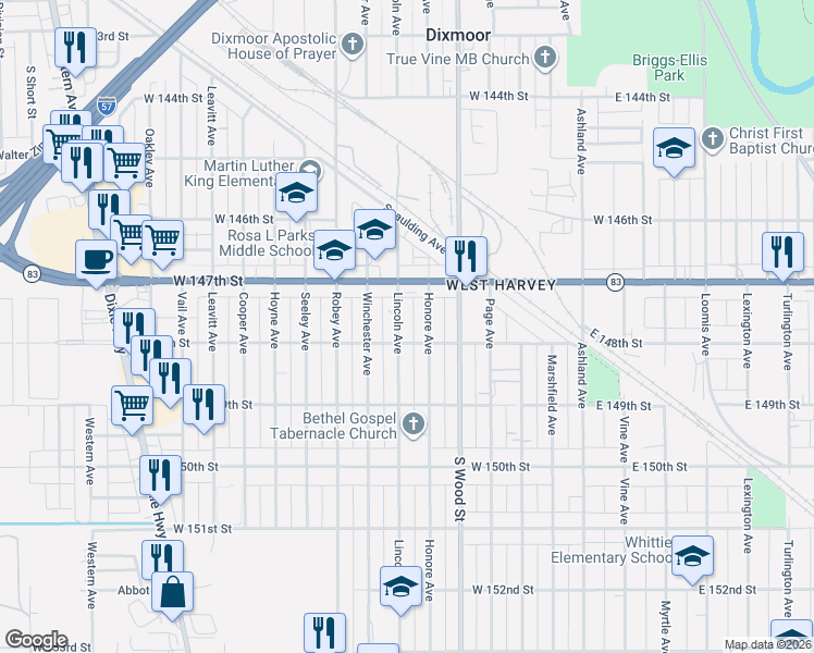 map of restaurants, bars, coffee shops, grocery stores, and more near 14717 Lincoln Avenue in Harvey