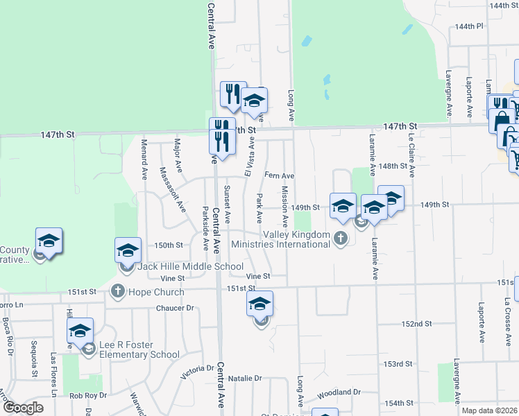 map of restaurants, bars, coffee shops, grocery stores, and more near 14825 El Vista Avenue in Oak Forest