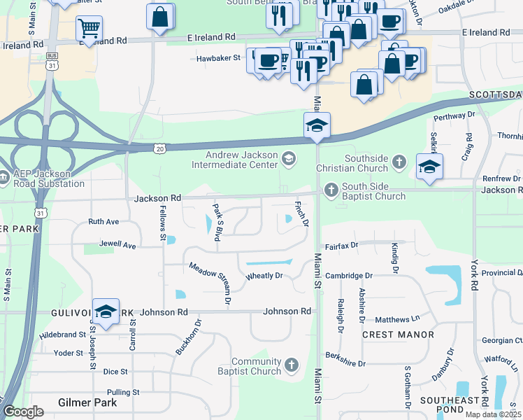 map of restaurants, bars, coffee shops, grocery stores, and more near Jackson Road in South Bend
