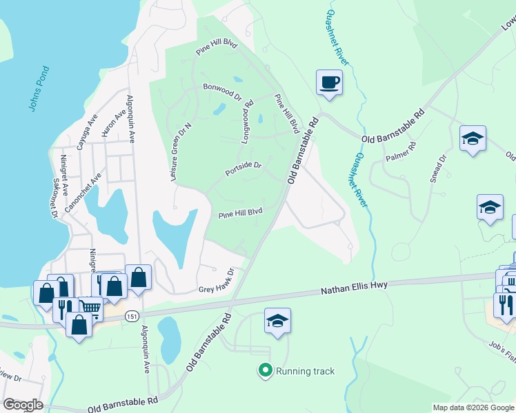map of restaurants, bars, coffee shops, grocery stores, and more near in Mashpee