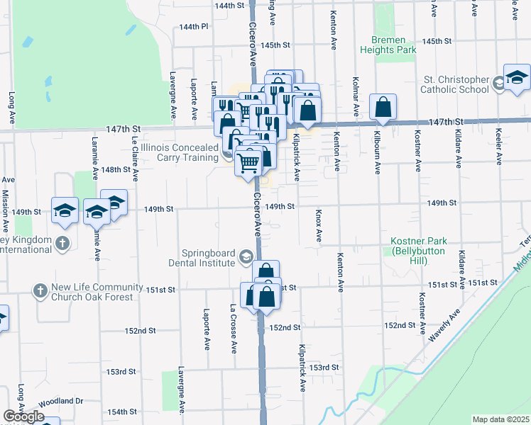 map of restaurants, bars, coffee shops, grocery stores, and more near 14901 South Cicero Avenue in Oak Forest