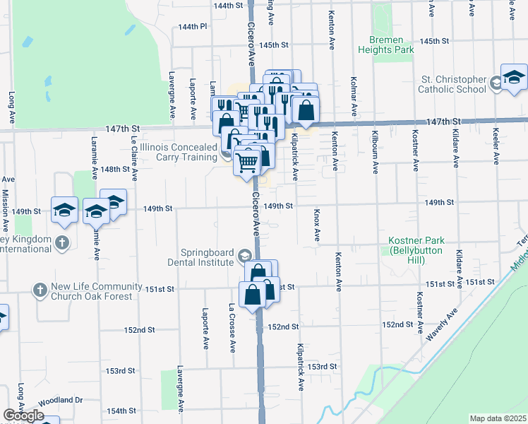 map of restaurants, bars, coffee shops, grocery stores, and more near 14901 South Cicero Avenue in Oak Forest