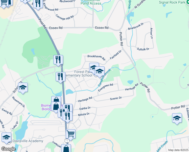 map of restaurants, bars, coffee shops, grocery stores, and more near 50 Woodlawn Drive in North Kingstown