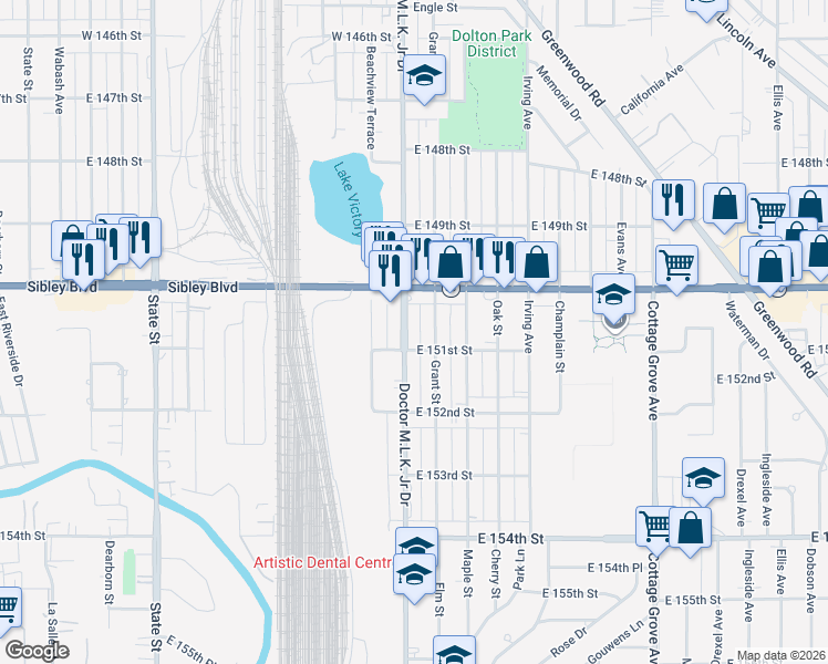map of restaurants, bars, coffee shops, grocery stores, and more near in Dolton