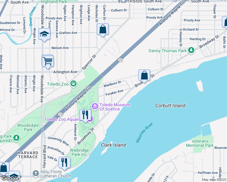 map of restaurants, bars, coffee shops, grocery stores, and more near 2562 Foraker Avenue in Toledo