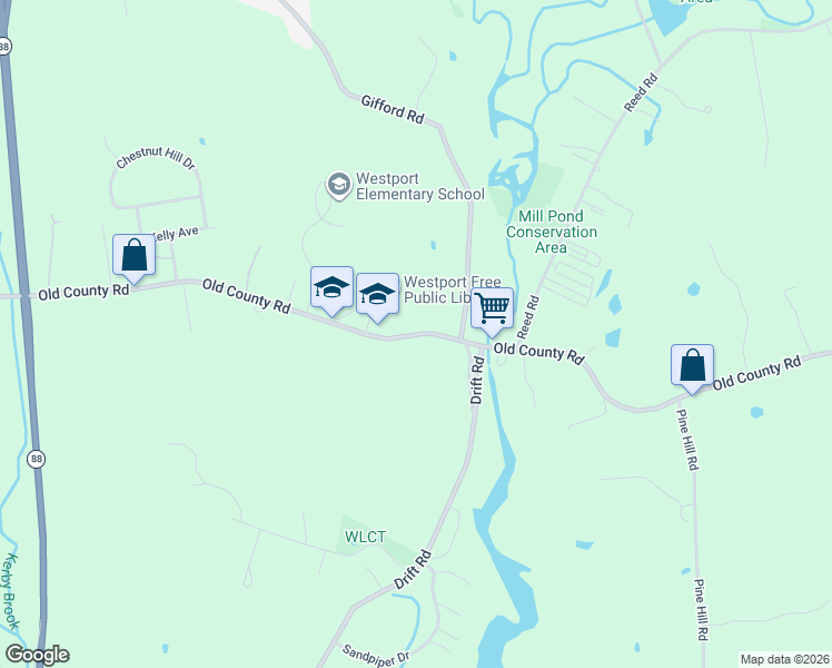 map of restaurants, bars, coffee shops, grocery stores, and more near 446 Old County Road in Westport