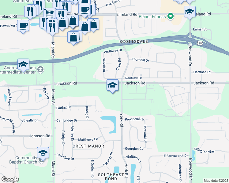 map of restaurants, bars, coffee shops, grocery stores, and more near 1530 Jackson Road in South Bend