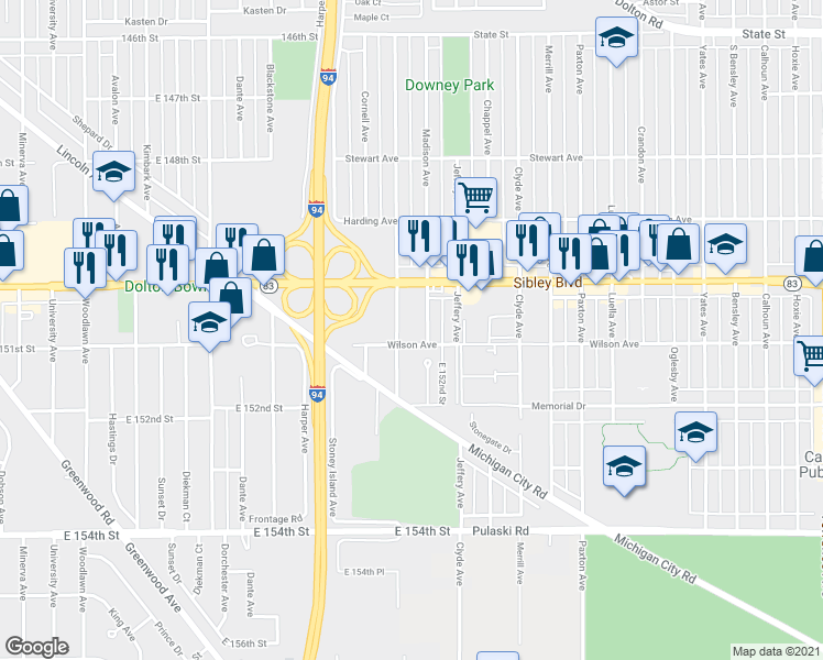 map of restaurants, bars, coffee shops, grocery stores, and more near 515 East End Avenue in Calumet City