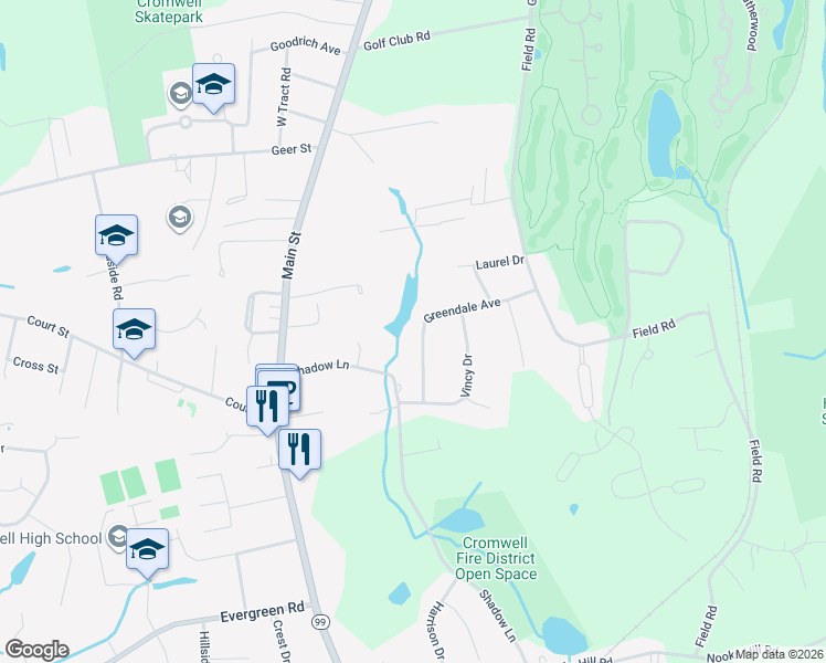 map of restaurants, bars, coffee shops, grocery stores, and more near 14 Greendale Avenue in Cromwell