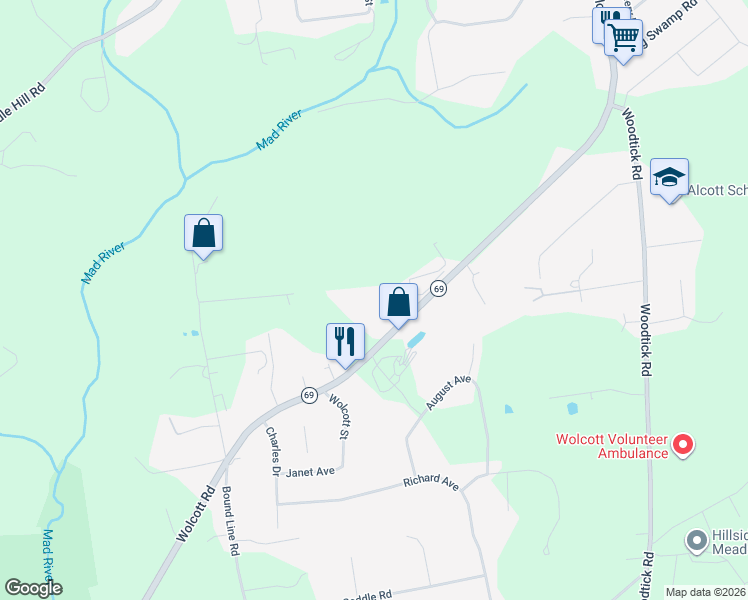 map of restaurants, bars, coffee shops, grocery stores, and more near 1259 Wolcott Road in Wolcott