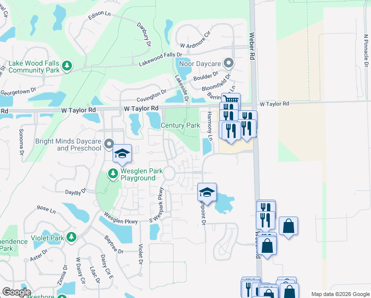 map of restaurants, bars, coffee shops, grocery stores, and more near 41 Freesia Drive in Romeoville