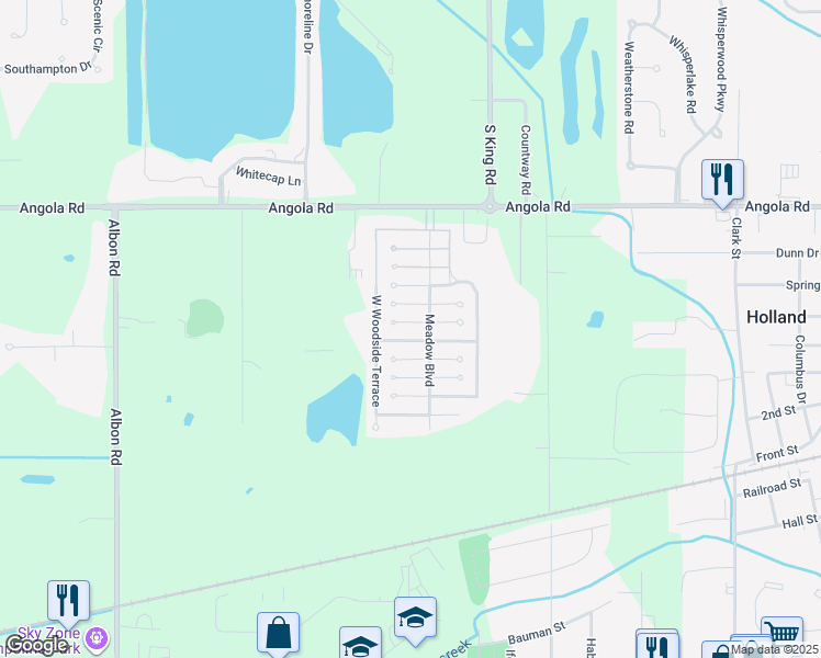 map of restaurants, bars, coffee shops, grocery stores, and more near 7717 Angola Road in Holland