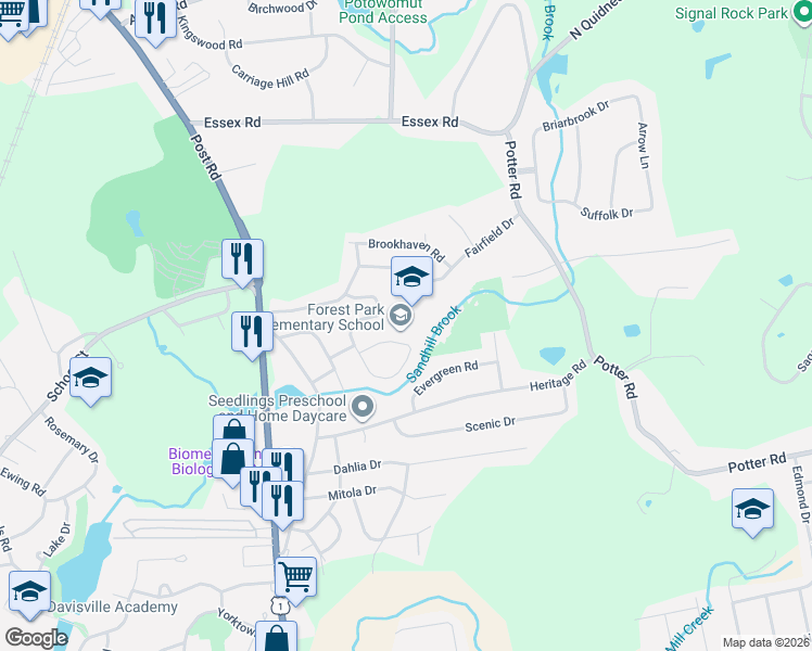 map of restaurants, bars, coffee shops, grocery stores, and more near 50 Woodlawn Drive in North Kingstown