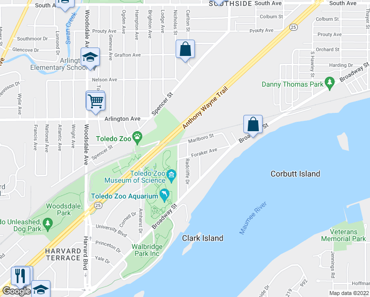 map of restaurants, bars, coffee shops, grocery stores, and more near 1016 Radcliffe Drive in Toledo