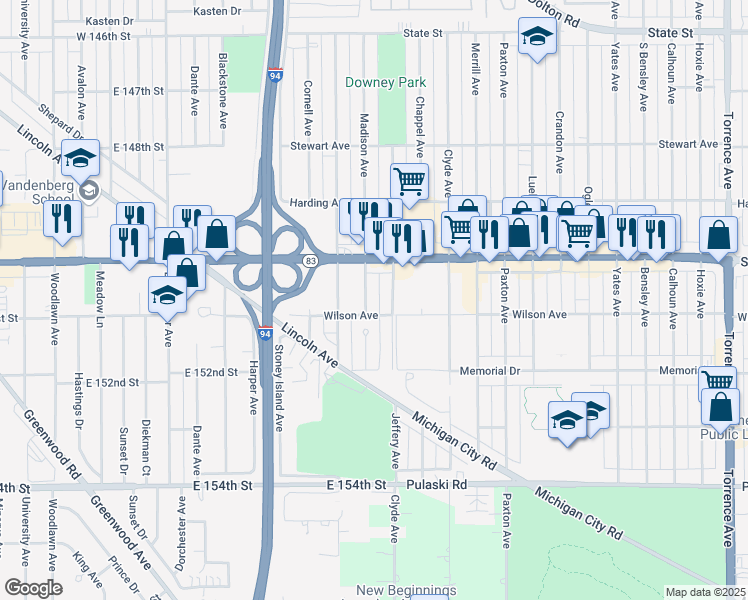 map of restaurants, bars, coffee shops, grocery stores, and more near 505 Madison Avenue in Calumet City