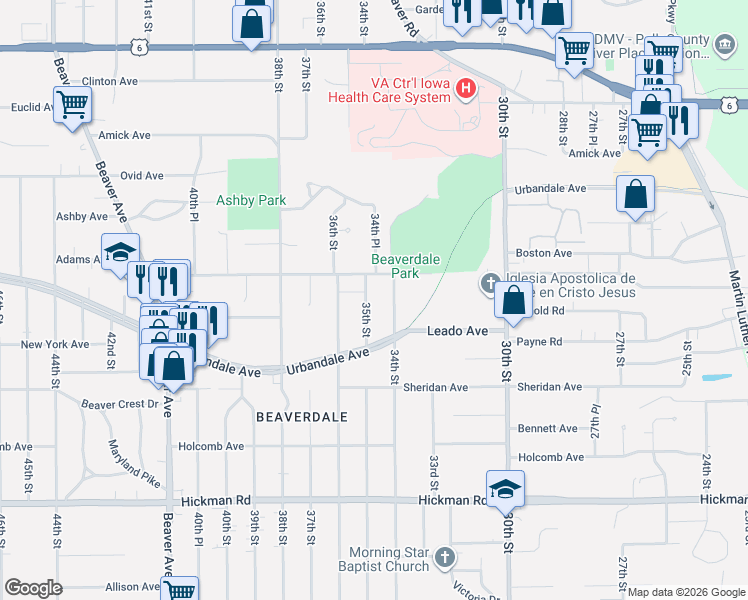 map of restaurants, bars, coffee shops, grocery stores, and more near 2929 35th Street in Des Moines