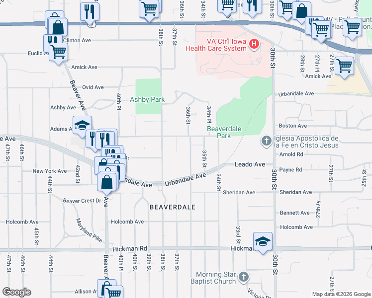 map of restaurants, bars, coffee shops, grocery stores, and more near 2928 36th Street in Des Moines