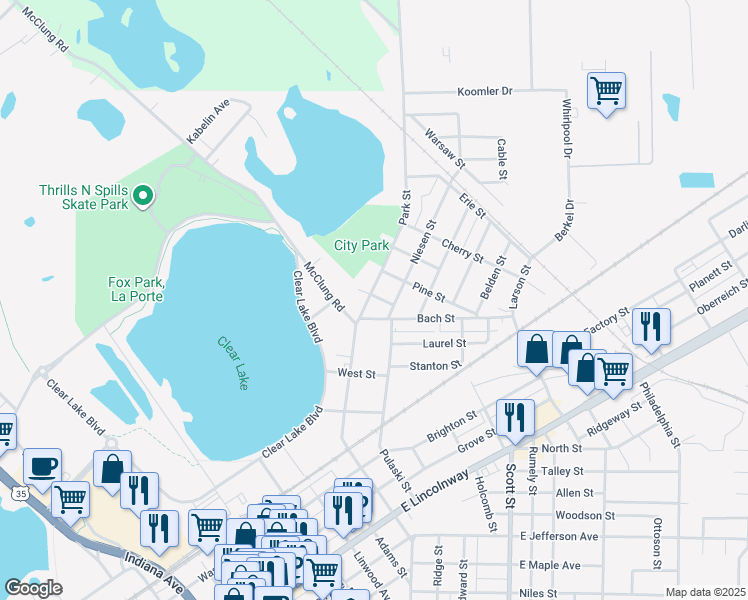 map of restaurants, bars, coffee shops, grocery stores, and more near 419 Park Street in La Porte