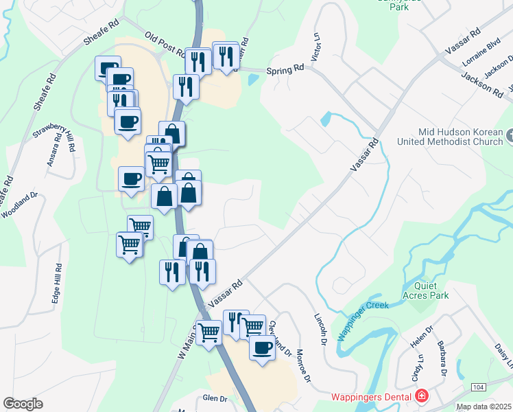 map of restaurants, bars, coffee shops, grocery stores, and more near 22 Susan Lane in Poughkeepsie
