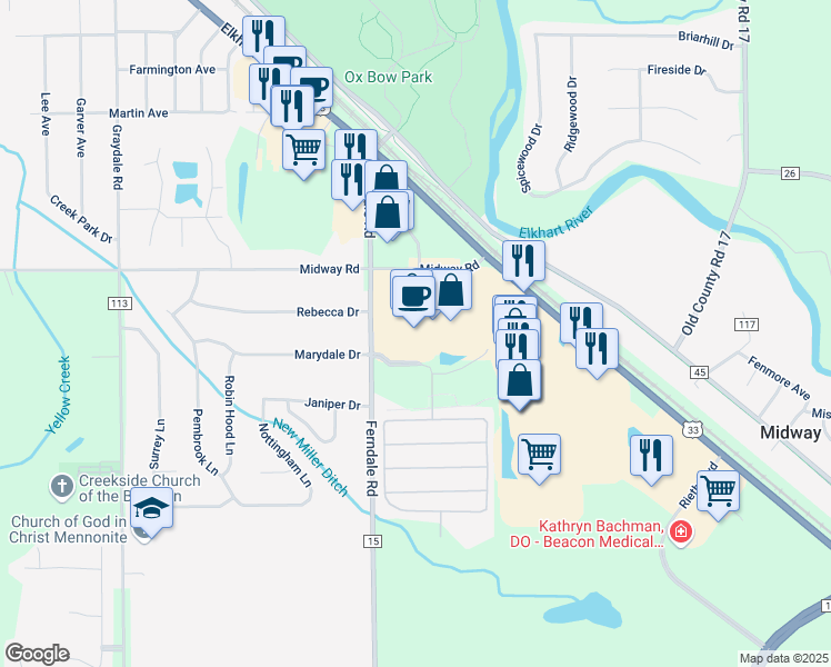 map of restaurants, bars, coffee shops, grocery stores, and more near 3938 Midway Road in Goshen