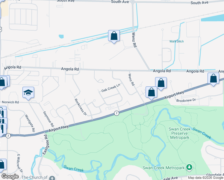 map of restaurants, bars, coffee shops, grocery stores, and more near 4424 Oak Creek Lane in Toledo