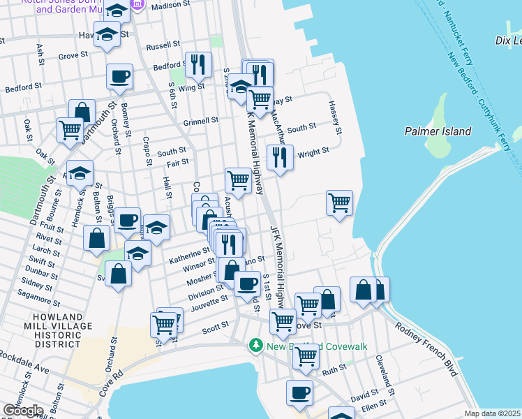 map of restaurants, bars, coffee shops, grocery stores, and more near 561 South 1st Street in New Bedford