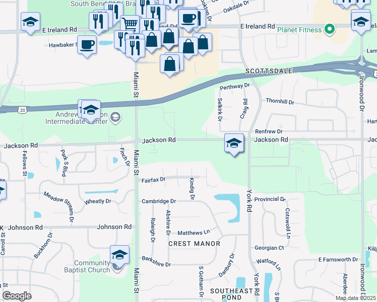 map of restaurants, bars, coffee shops, grocery stores, and more near 1302-1530 Jackson Road in South Bend