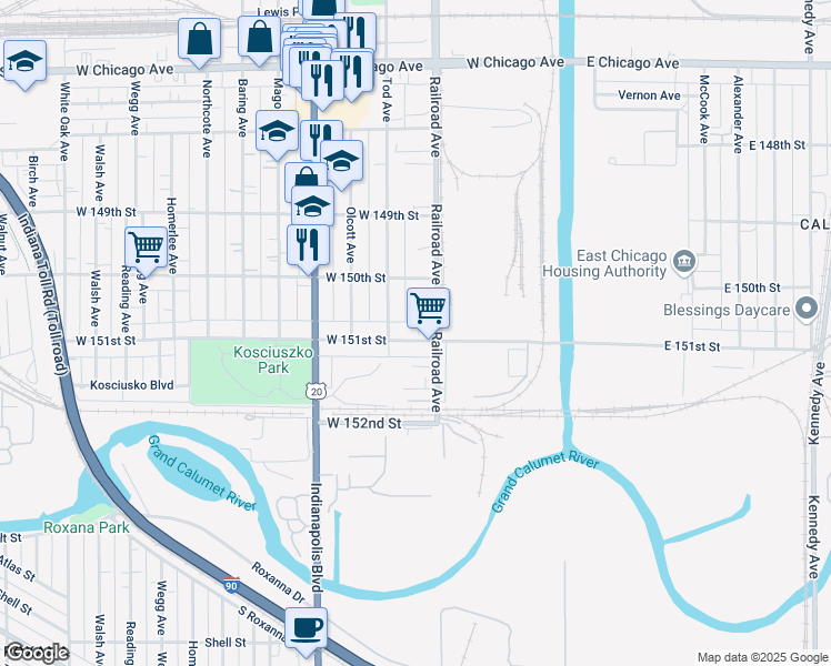 map of restaurants, bars, coffee shops, grocery stores, and more near 5030 Railroad Avenue in East Chicago