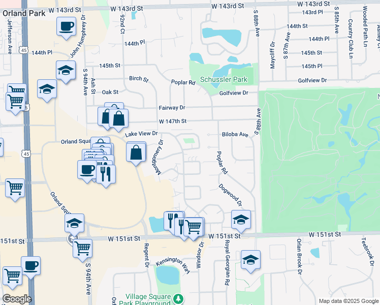 map of restaurants, bars, coffee shops, grocery stores, and more near 9102 Franklin Court in Orland Park